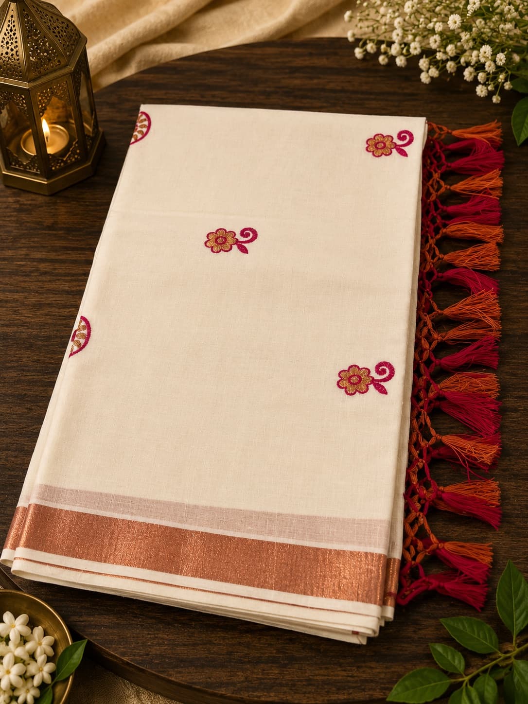 Off-White Cotton Saree With Floral Embroidery