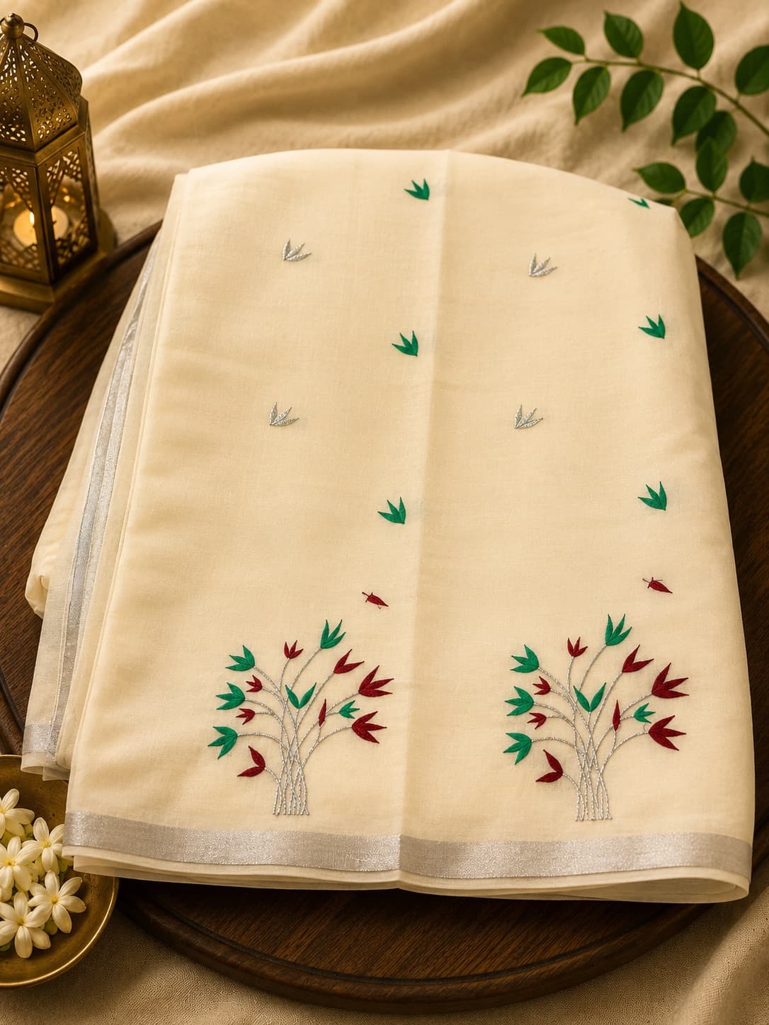 Cream Handloom Saree With Floral Embroidery in Cream / Silver, Kerala Cotton