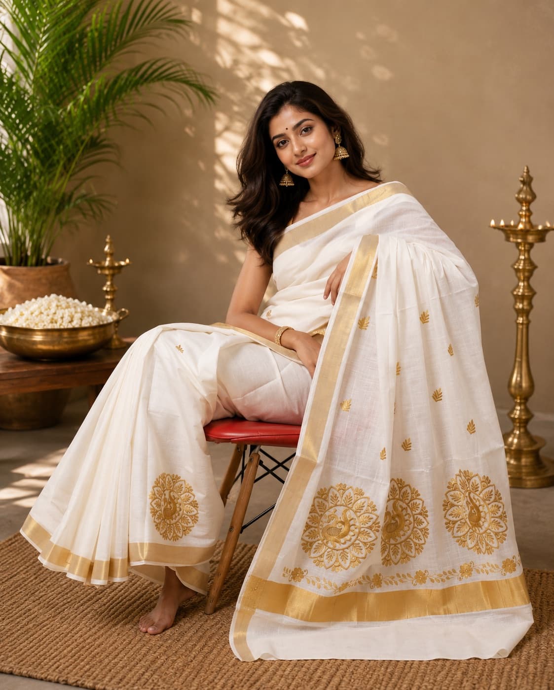 Traditional White And Gold South Indian Saree