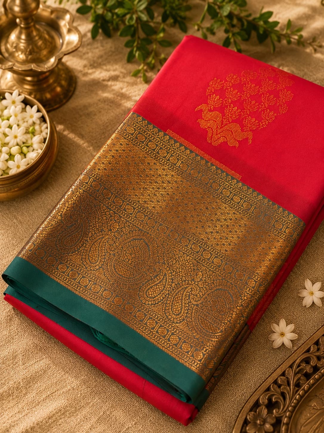 Orange Semi Silk Saree With Zari Border in Orange / Green, Kanchipuram Silk