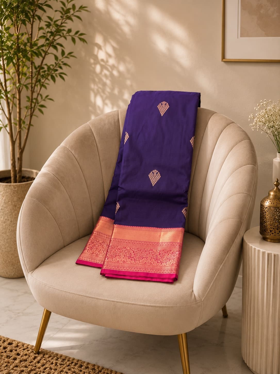 Purple Kanchipuram Silk Saree With Pink Border