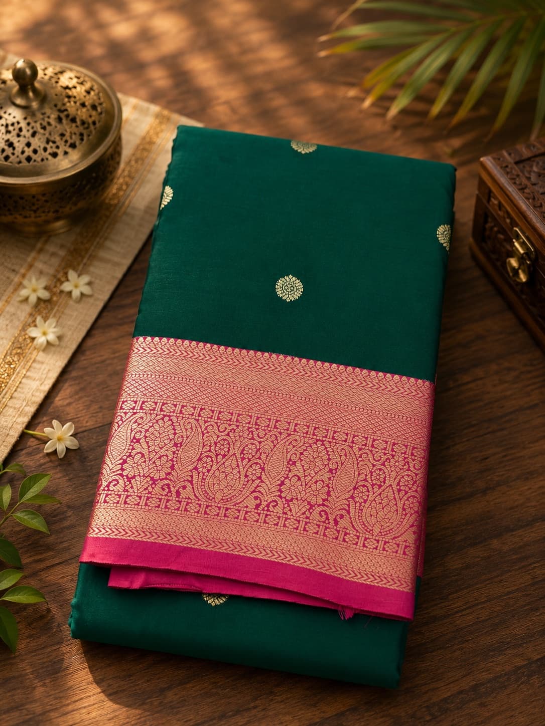 Dark Green And Pink Silk Saree