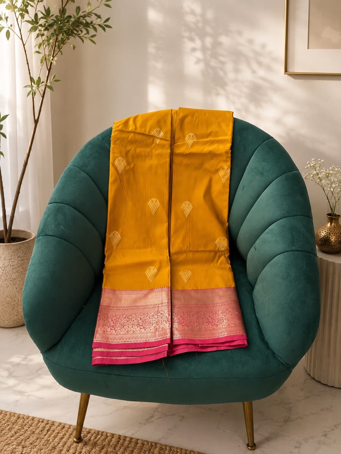 Semi Silk saree in Yellow With Pink Border, Kanchipuram Silk