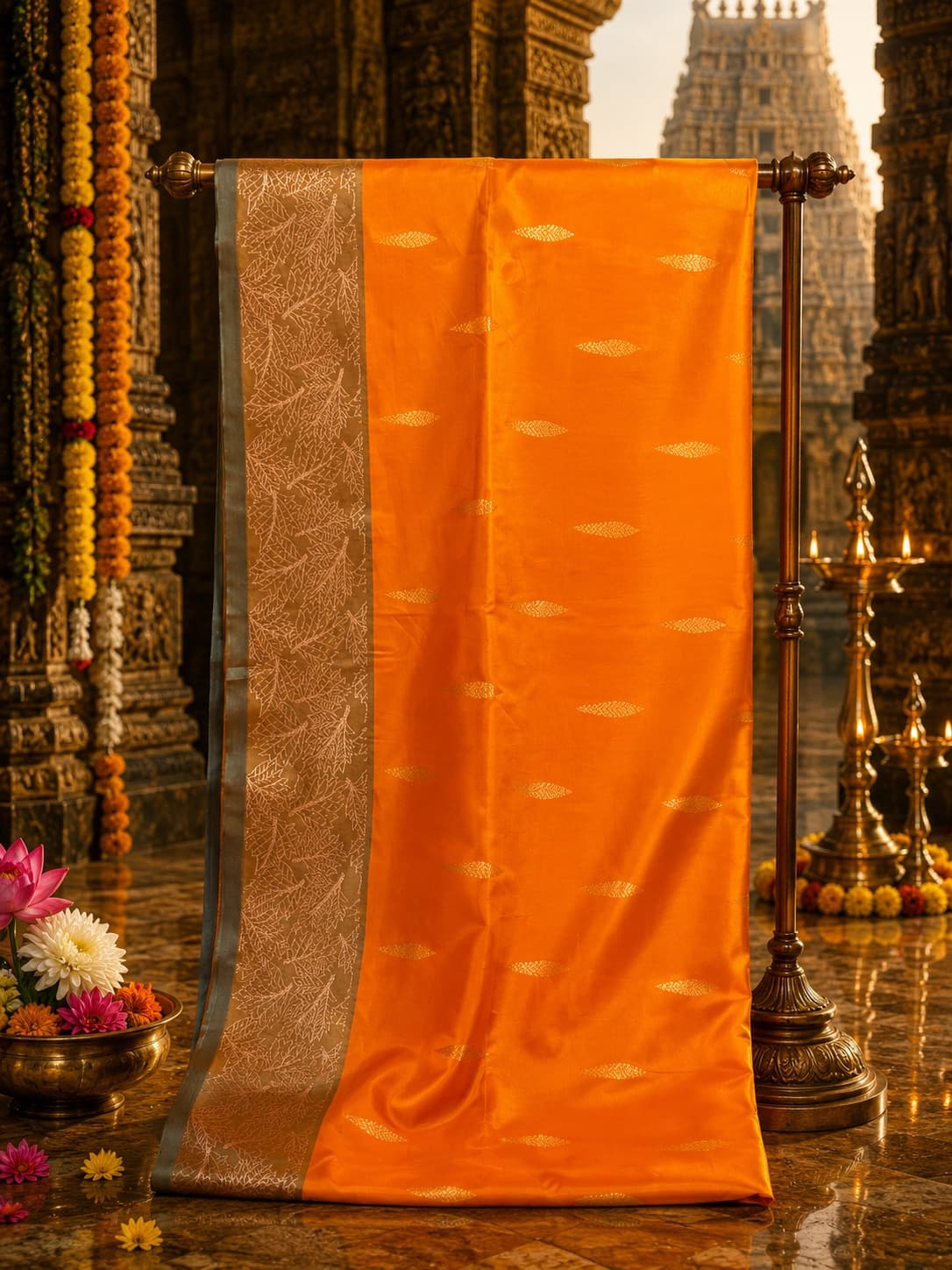 Orange And Gold Zari Work Saree in Orange / Gold, Soft Silk