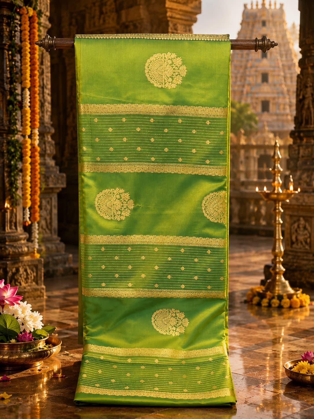 Green Kanchipuram Saree With Gold Zari in Green / Gold, Soft Silk