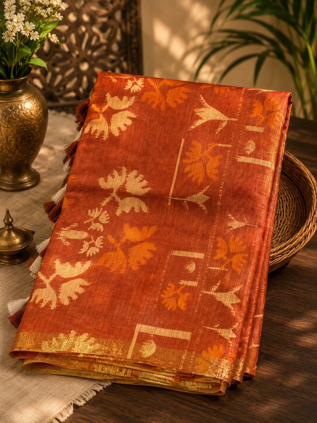 Rust Orange And Gold Zari Saree in Linen