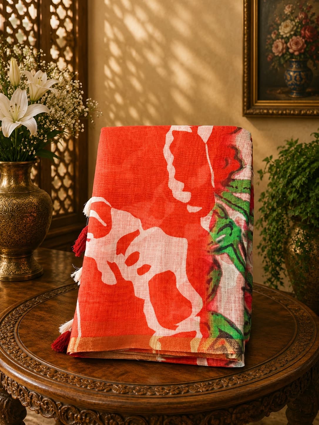 Floral Printed Orange Linen Saree