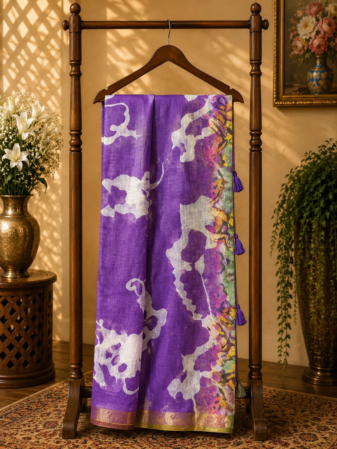 Purple Printed Linen Saree