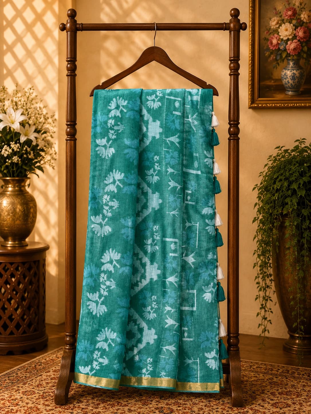 Teal And Light Blue Printed Saree With Tassels in Teal / Light Blue, Linen