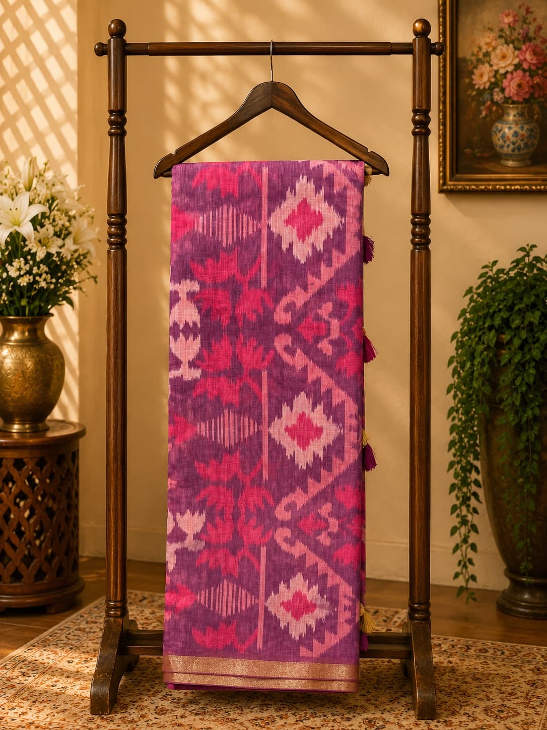 Purple And Pink Ikat Pattern Saree in Purple / Pink, Linen