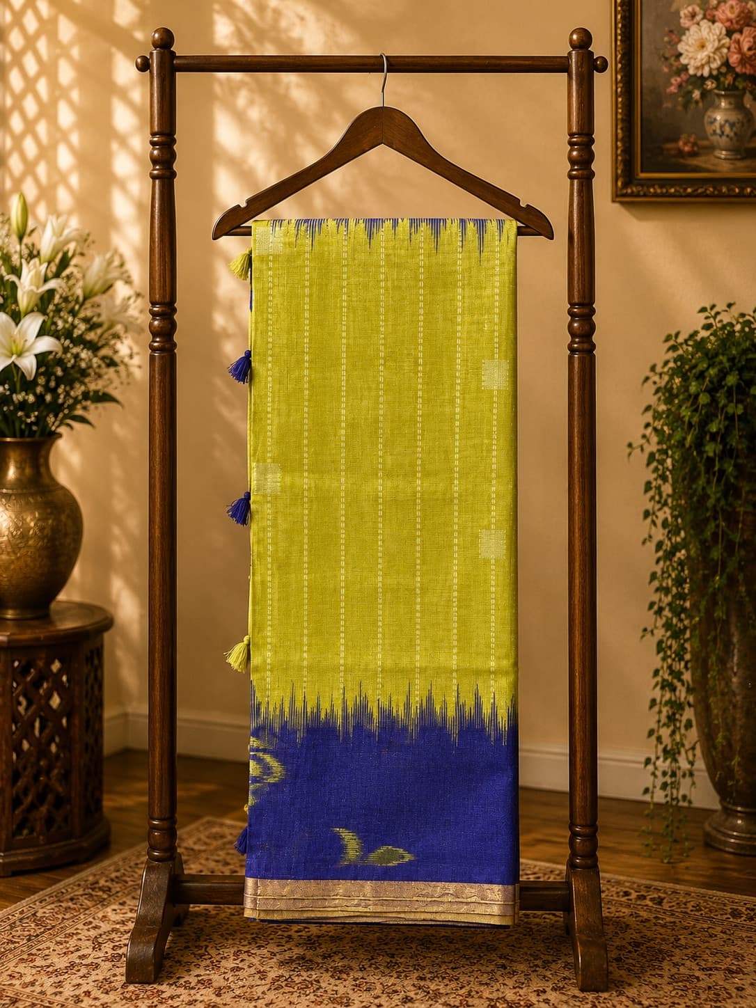 Lime Green And Blue Ikkat Saree in Lime Green / Royal Blue, Linen
