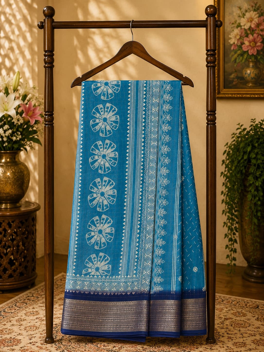 Blue Saree With Floral Motifs