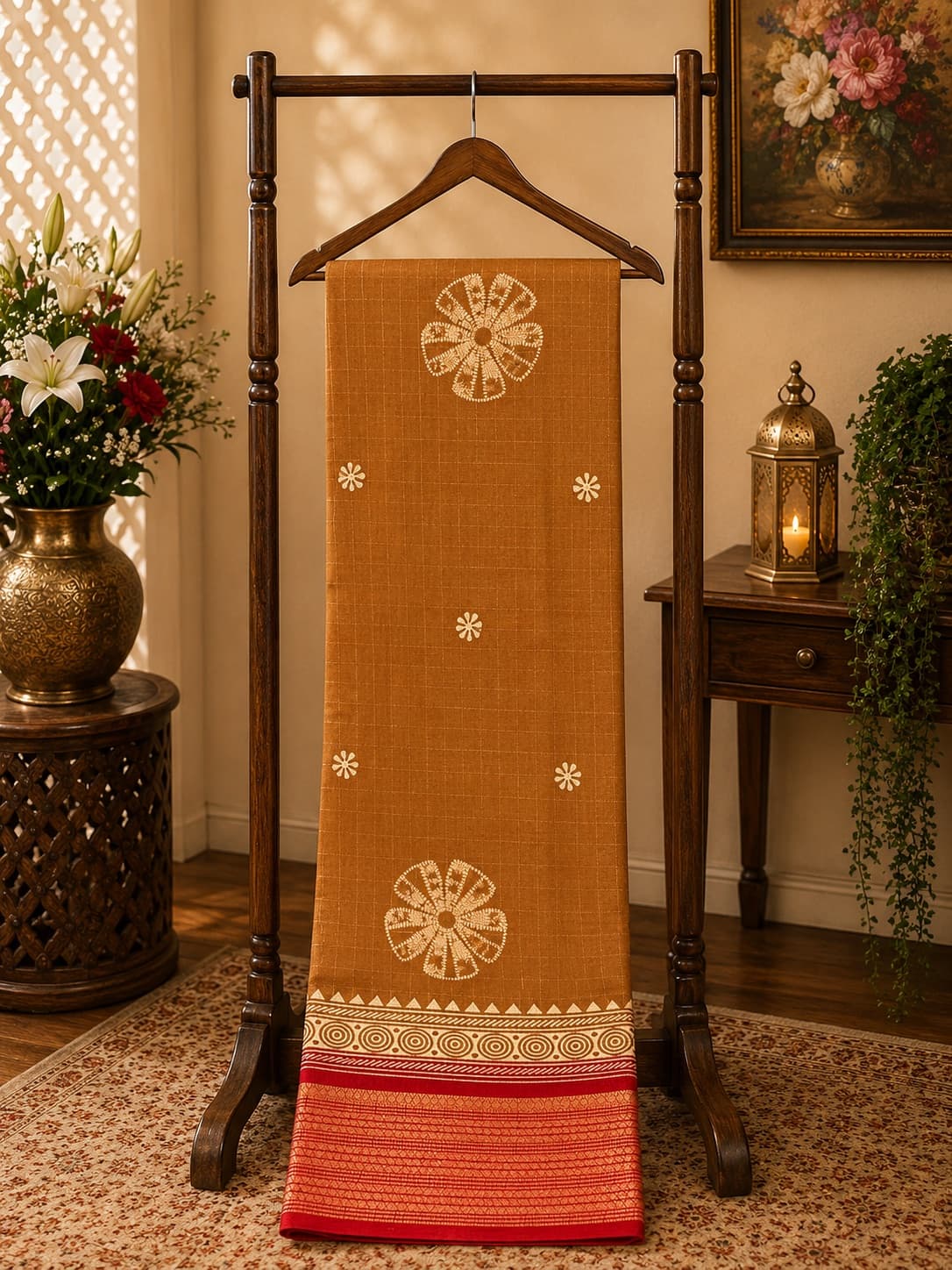 Brown Saree With Floral Motifs in Brown / Red, Dola Silk