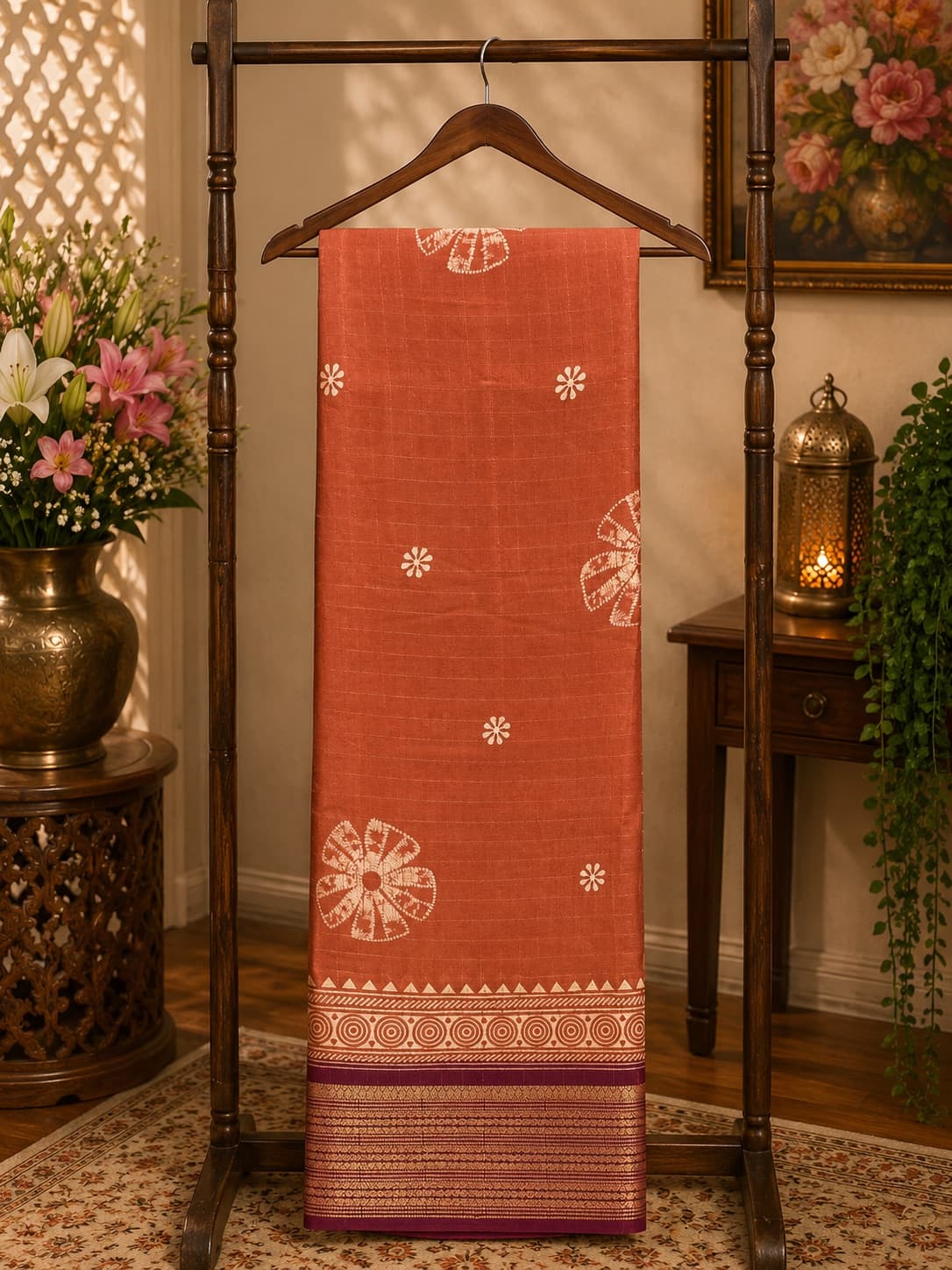 Pink Saree With Floral Motifs in Pink / Wine, Dola Silk