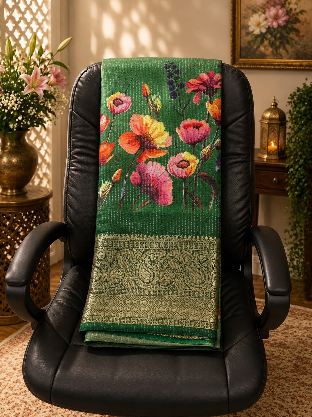 Floral Printed Green Saree With Zari Border