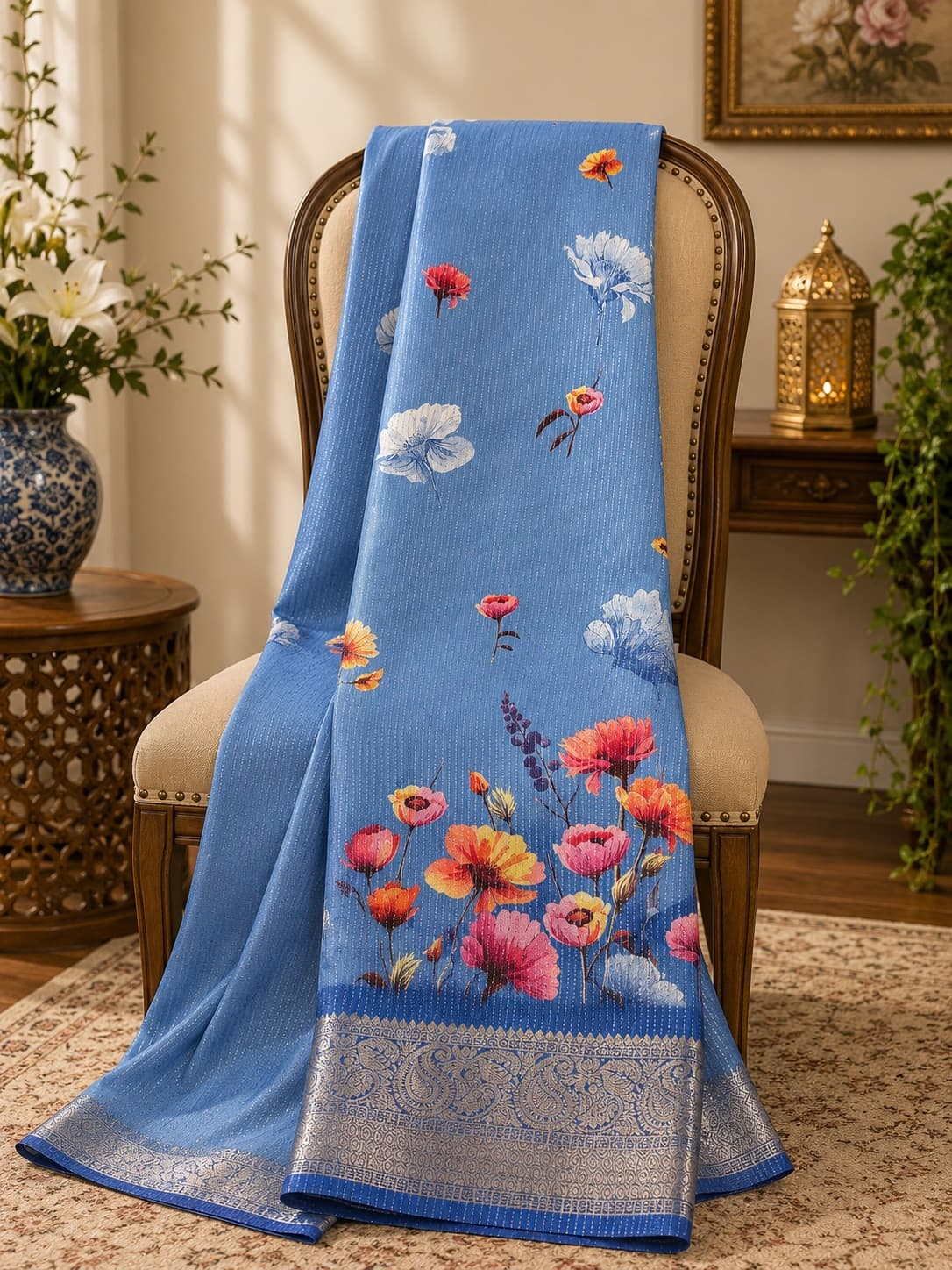 Floral Printed Blue Saree With Zari Border