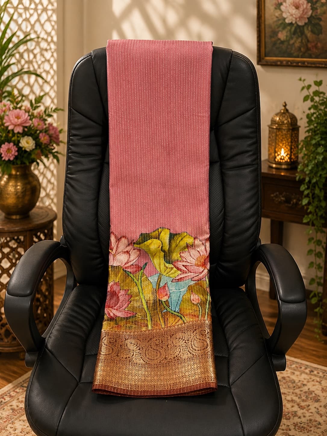 Floral Printed Pink Saree With Zari Border