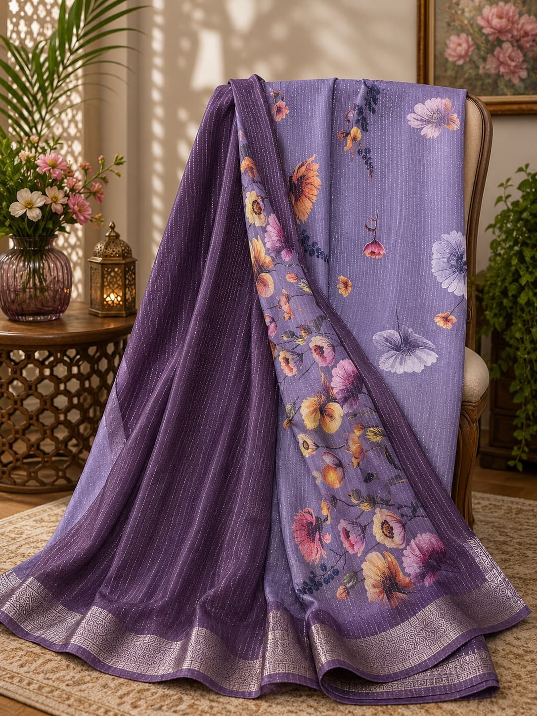 Floral Printed Purple Saree With Zari Border in Purple / Lilac, Dola Silk