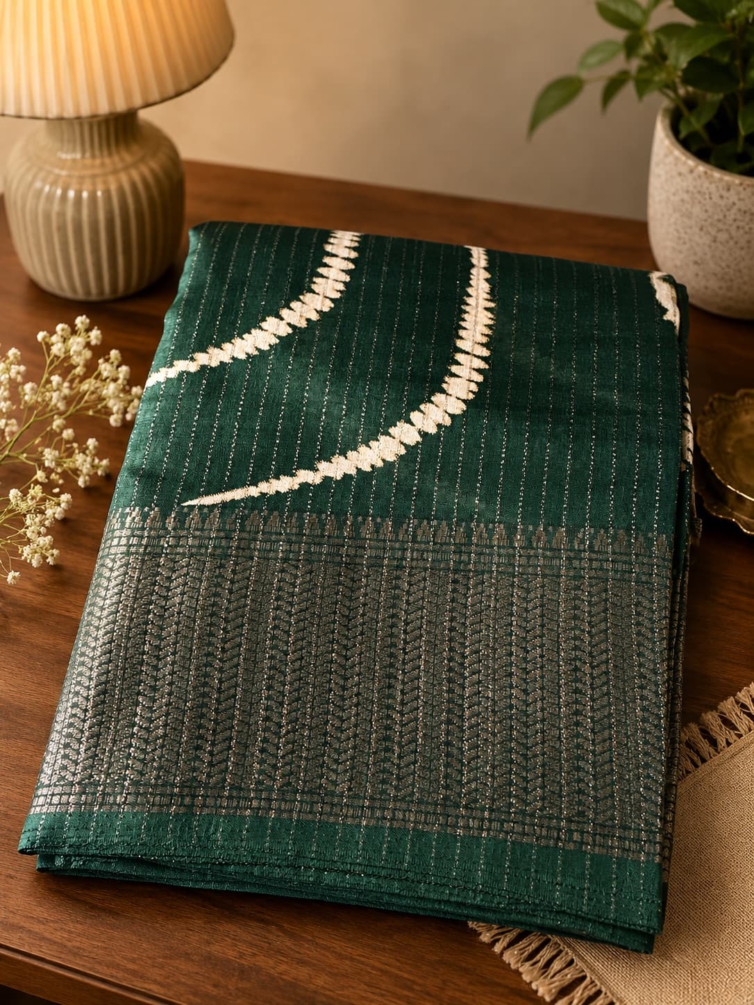 Bottle Green Bandhani Cotton Saree With Zari Border