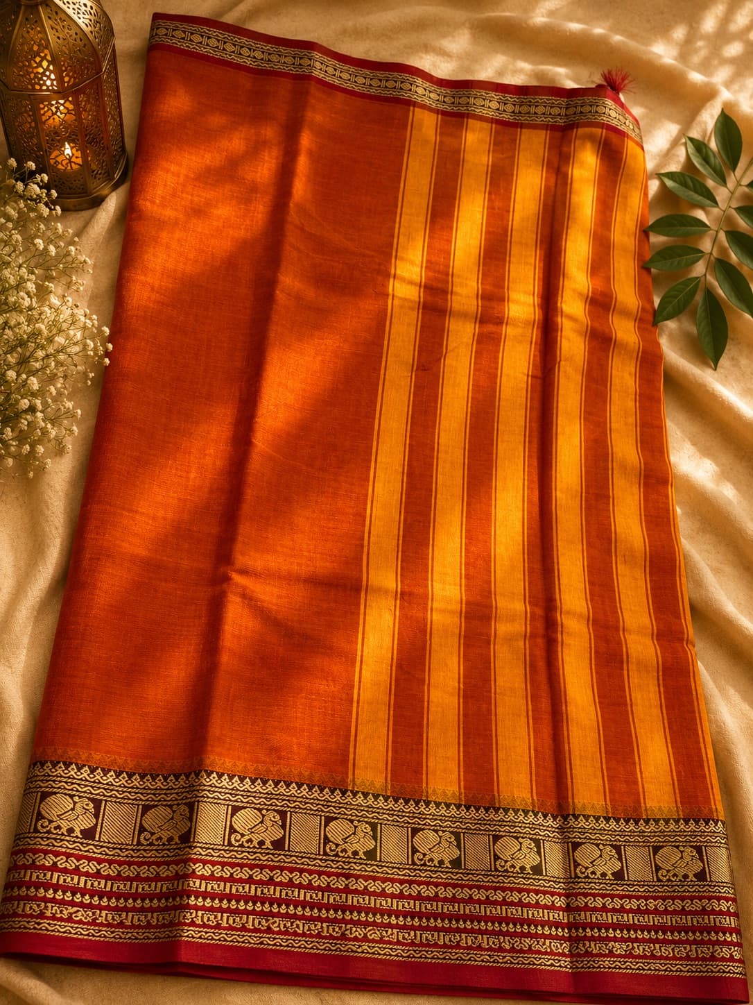 Orange Traditional Saree With Peacock Border