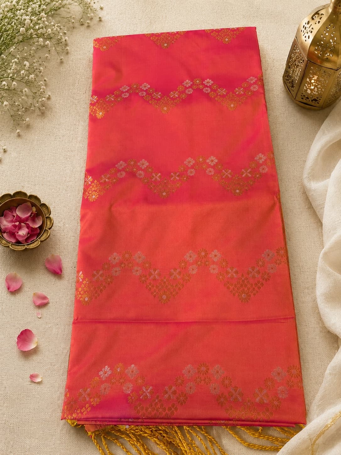 Coral Pink Saree With Zari Motifs in Soft Silk