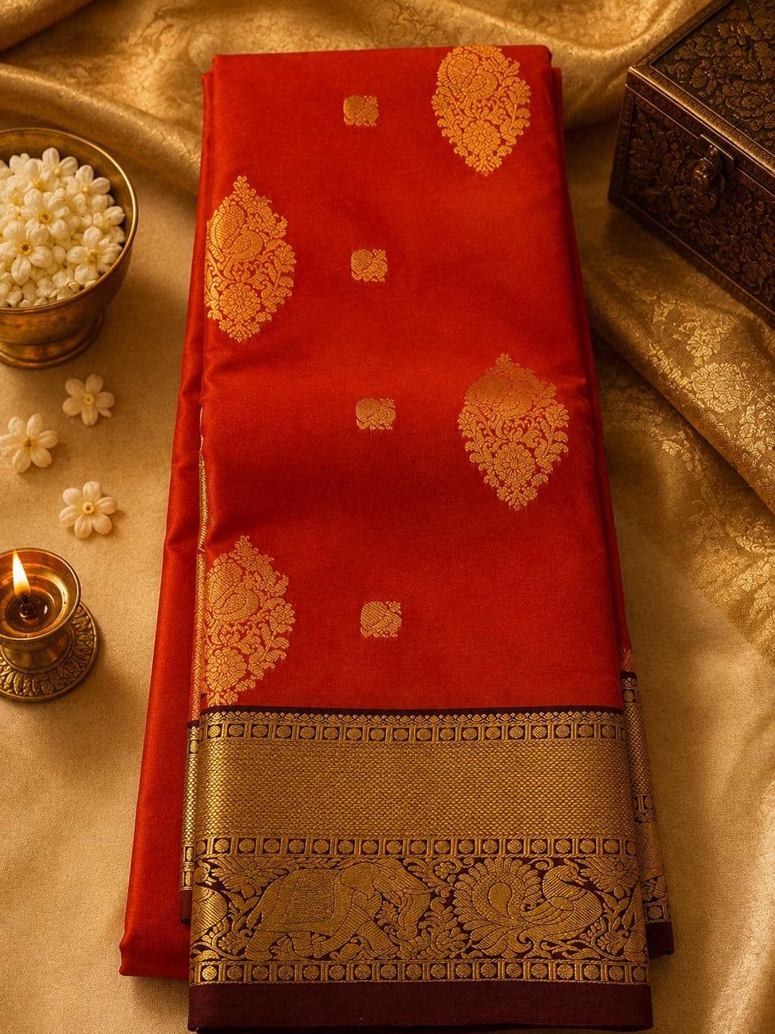 Orange Kanchipuram Saree With Gold Zari Work in Orange With Brown Border, Premium Kanchipuram Silk Saree