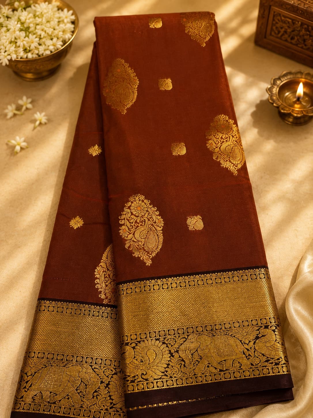 Brown With Gold Zari Woven Kanchipuram Saree