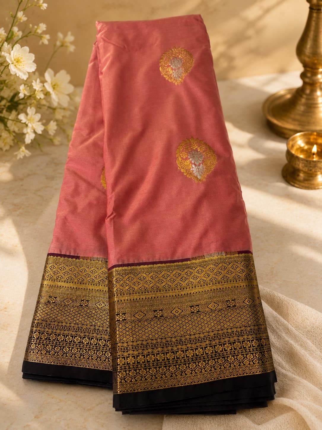 Onion Pink Kanchipuram Saree in Pink With Brown Border, Premium Kanchipuram Silk Saree