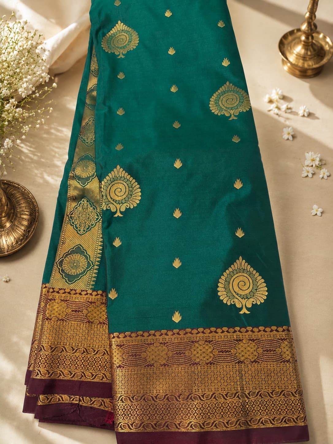 Kanchipuram Silk Saree With Zari Work in Emerald Green / Gold, Premium Kanchipuram Silk Saree