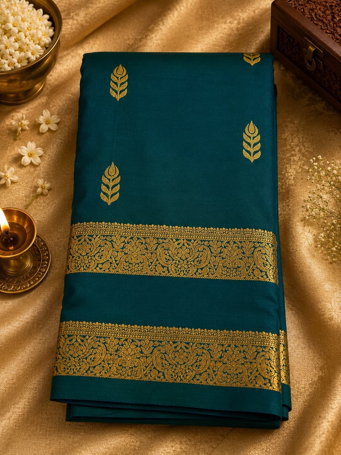 Peacock Blue Silk Saree With Gold Zari Border