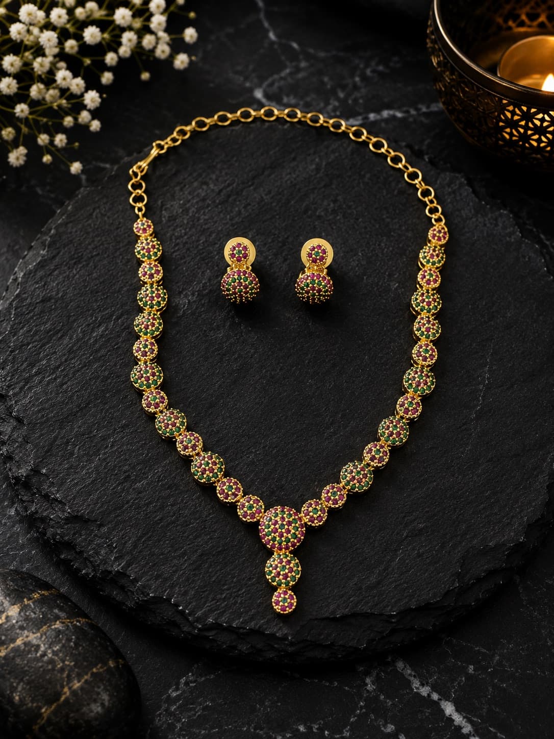 Ruby Emerald Stone Studded Gold Plated Necklace