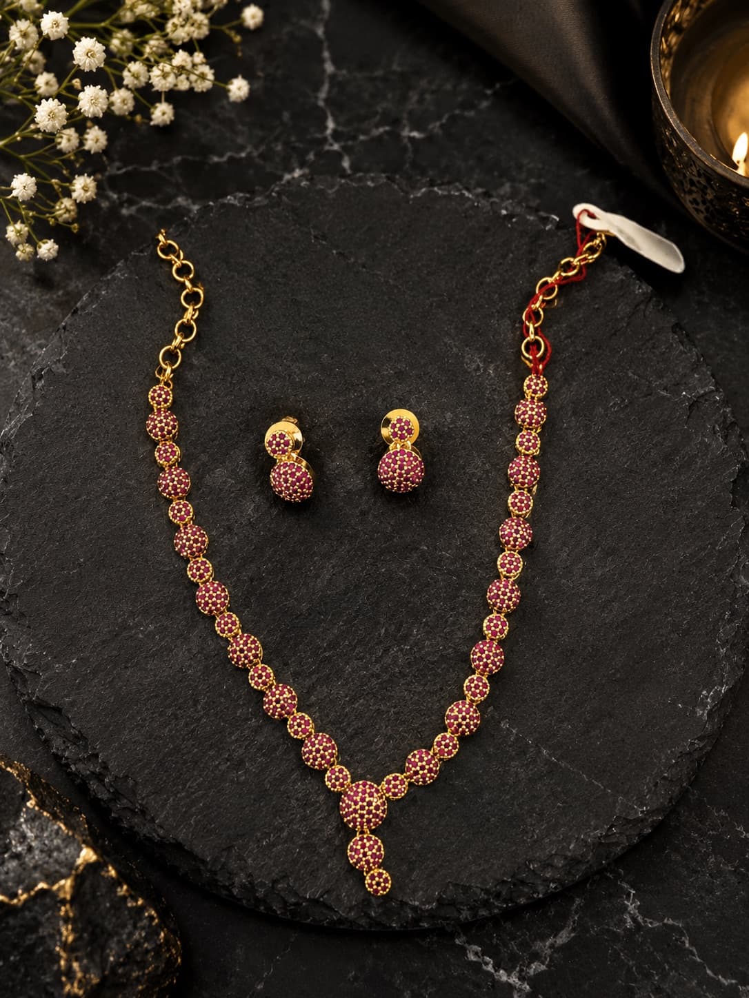 Ruby Stone Studded Necklace And Earrings Set