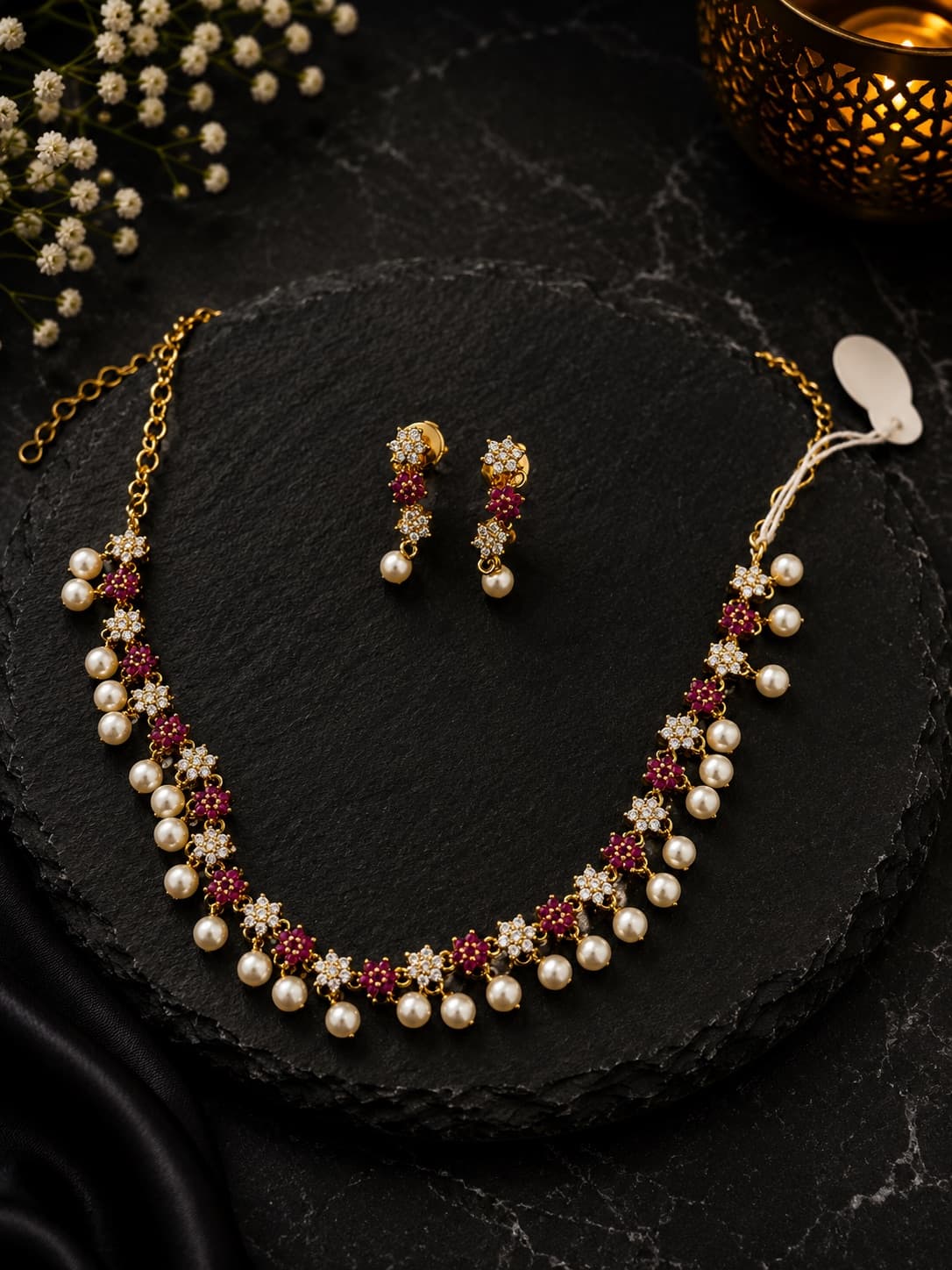Ruby And Pearl Necklace Set