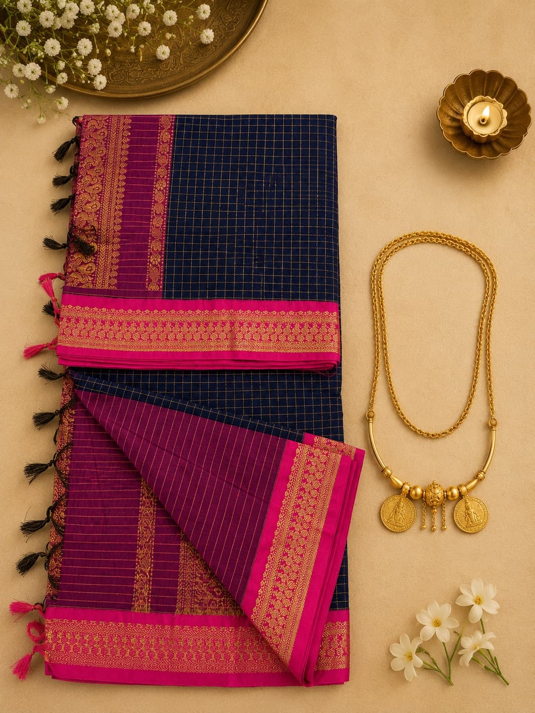 Elegant Navy Pink Checked Saree