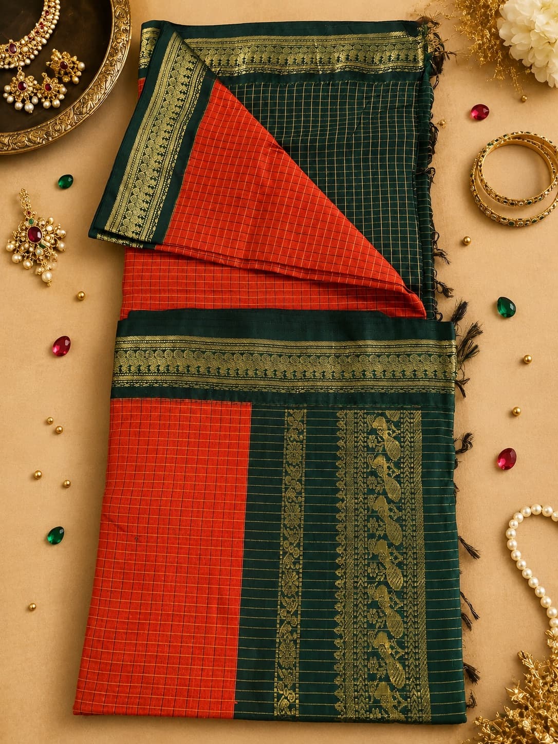 Orange And Green Checked Silk Saree in Orange / Dark Green, Kalyani Cotton