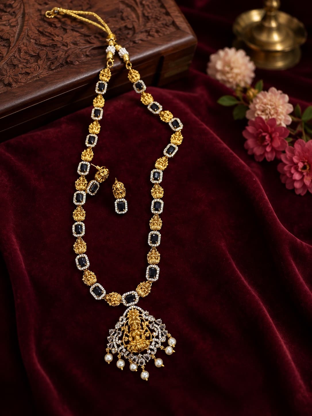 Lakshmi Devi Gold Toned Black Stone Necklace Set