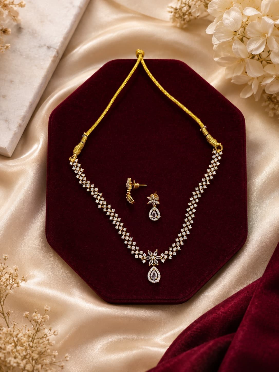 Elegant Zircon-Studded Gold And White Necklace Set