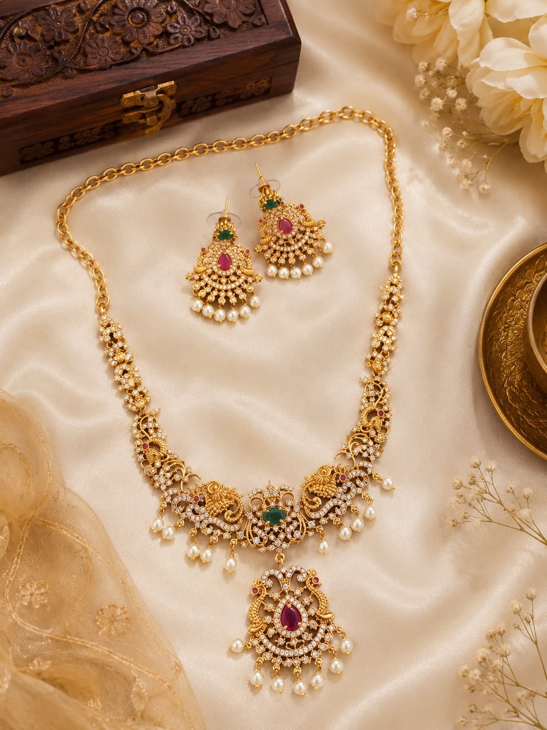 Gold Plated Ruby Emerald Pearl Jewellery Set
