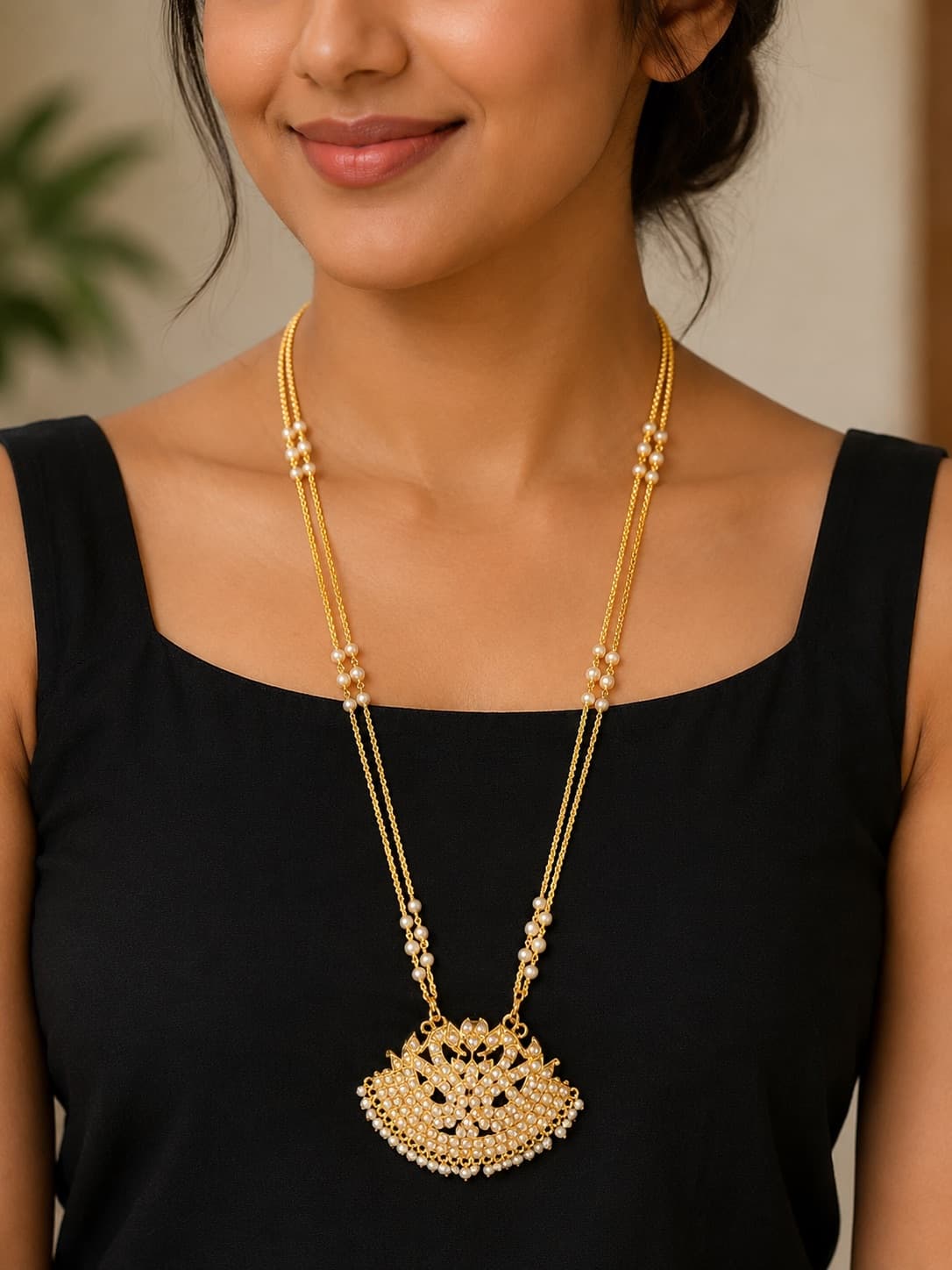 Gold Plated Pearl Long Necklace jewellery in White Pearl Pathakam Chain With Swan Pendant, Fancy Jewellery Pathakam With Chain