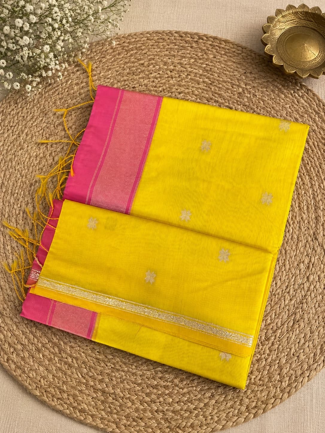 Yellow Silk Saree With Pink Border