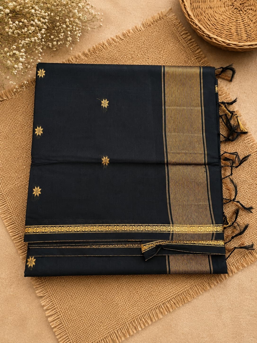 Elegant Black Silk Saree With Zari Work in Black / Gold, Maheshwari Cotton