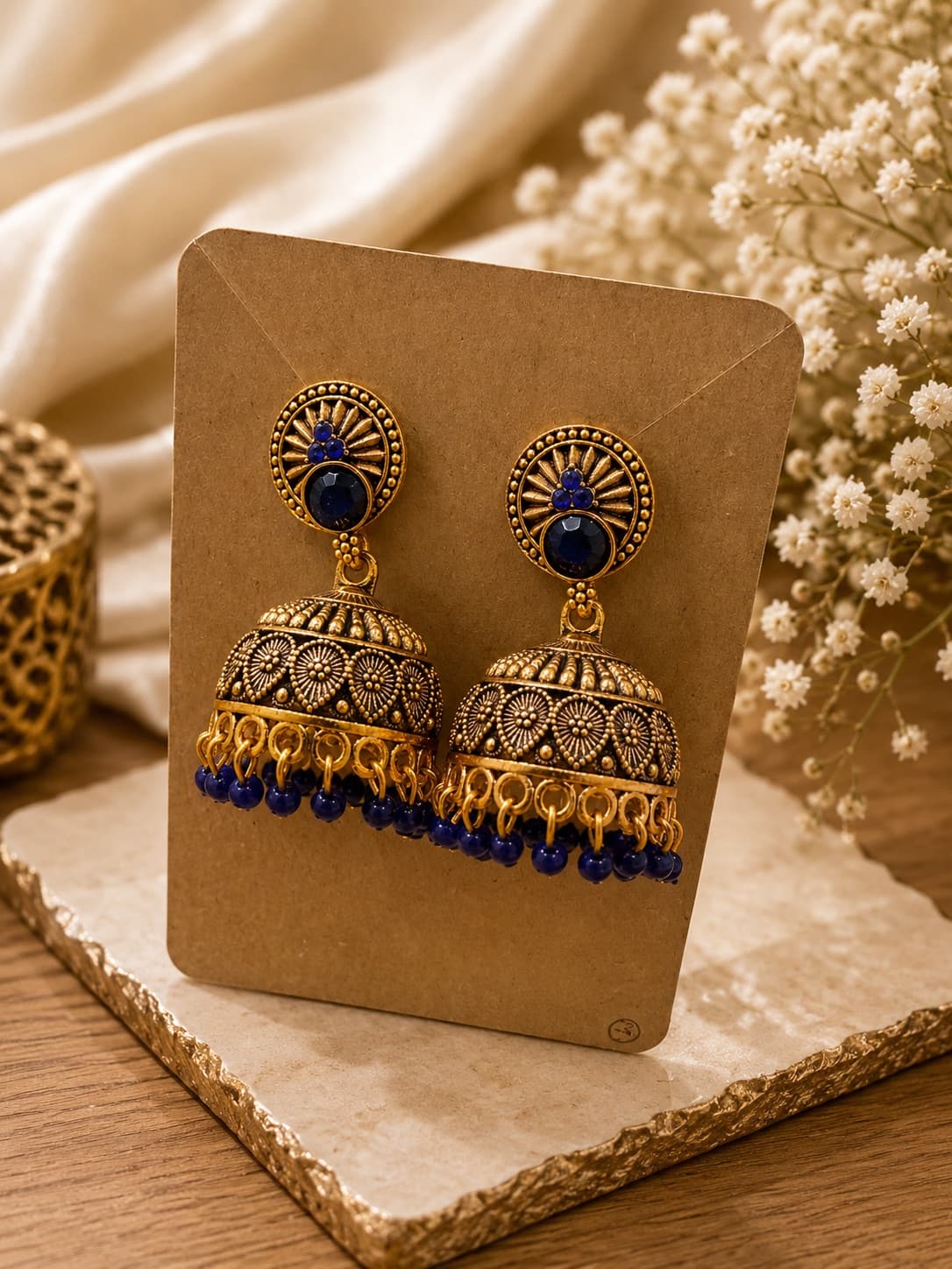 Antique Style Blue Beaded Jhumkas