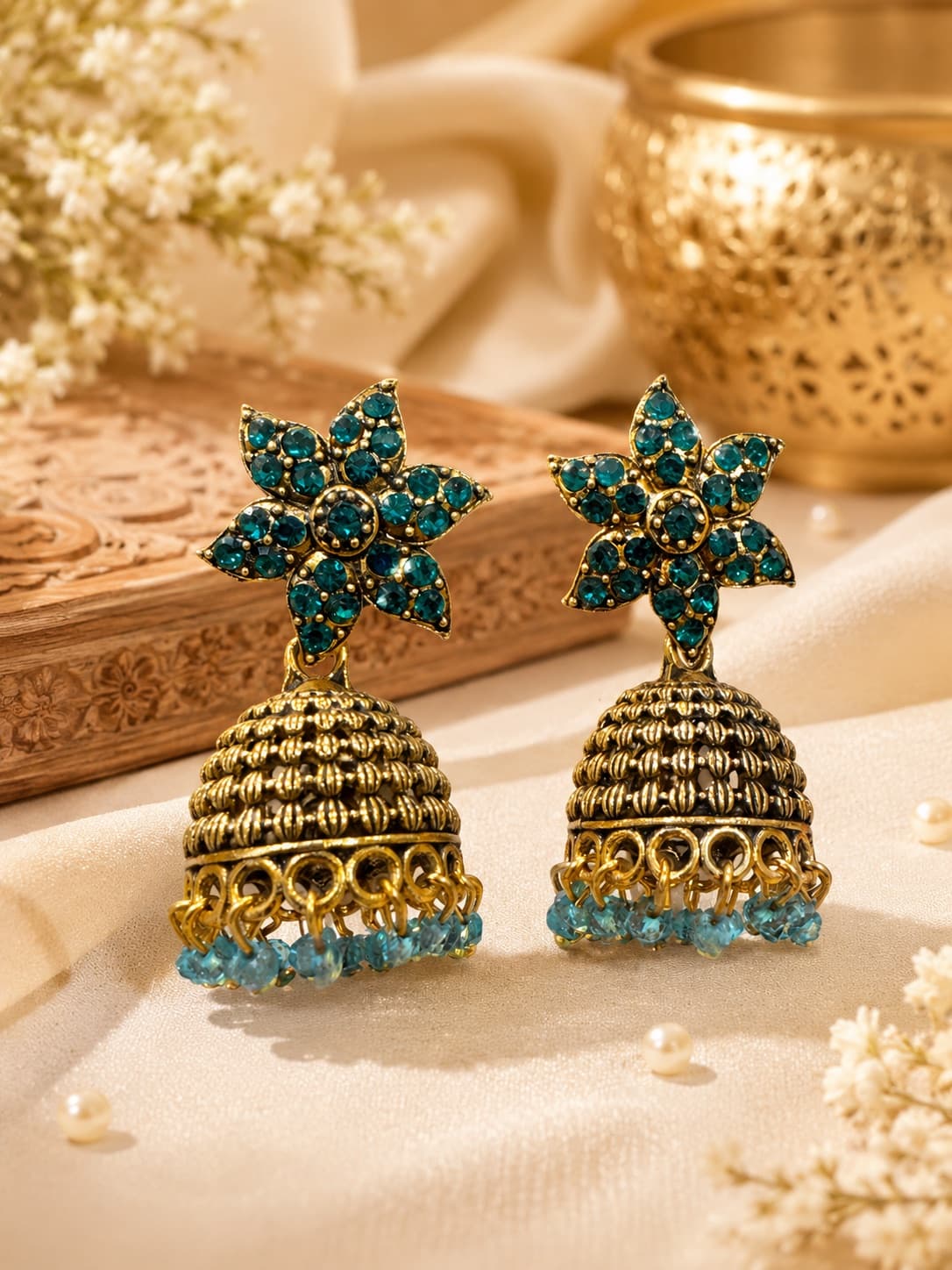 Antique Style Turquoise Blue Beaded Jhumkas