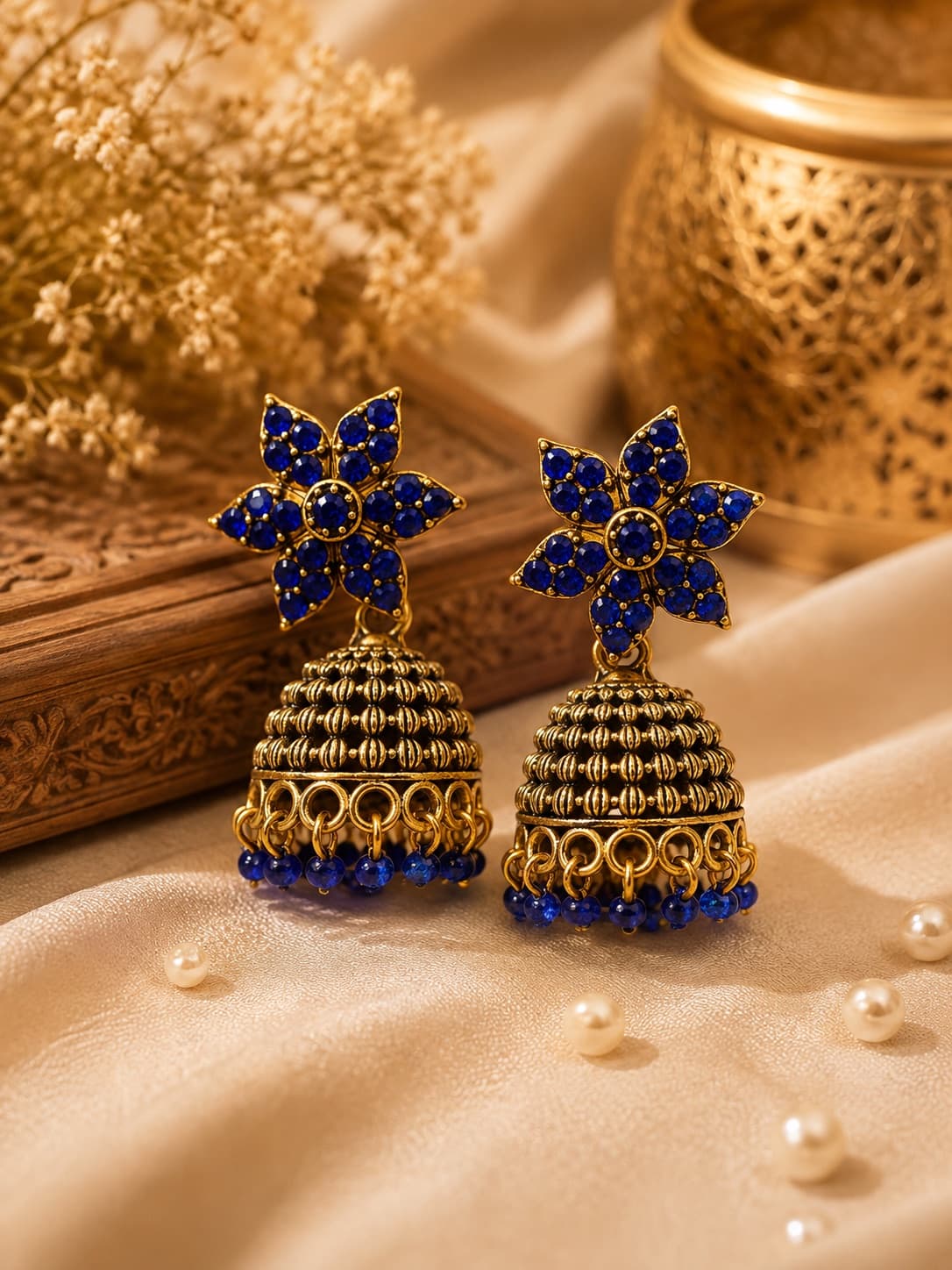 Antique Style Blue Beaded Jhumkas