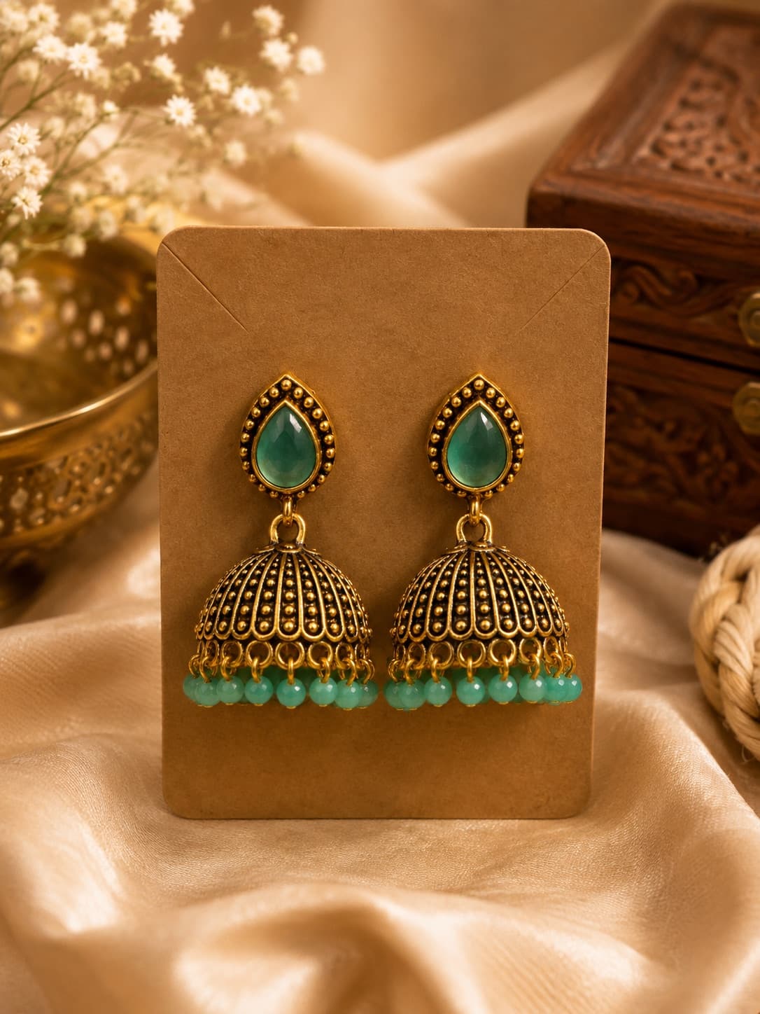 Antique Style Green Beaded Jhumkas