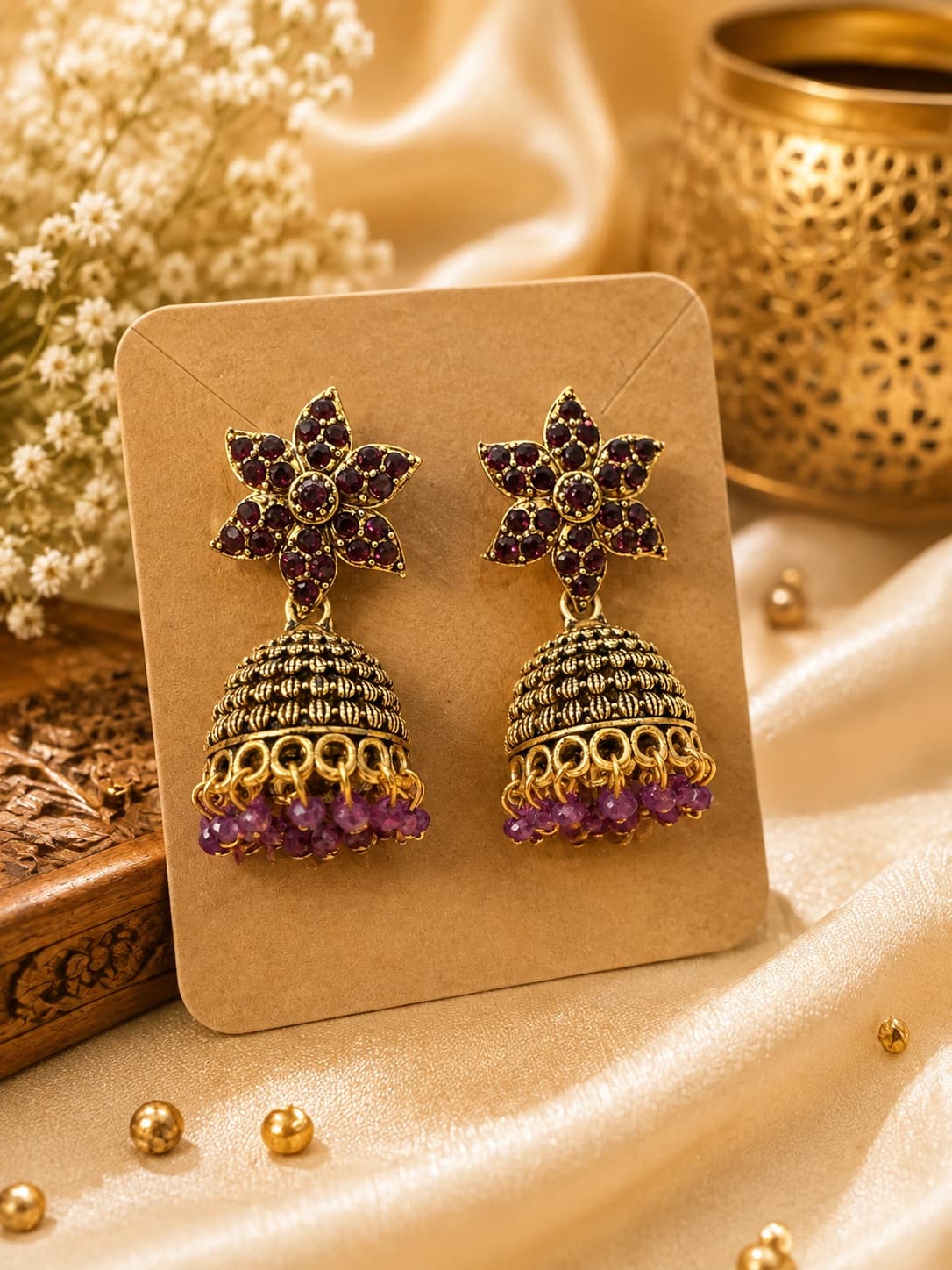 Antique Style Purple Beaded Jhumkas
