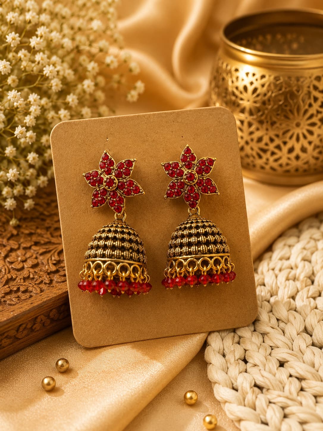 Antique Style Red Beaded Jhumkas