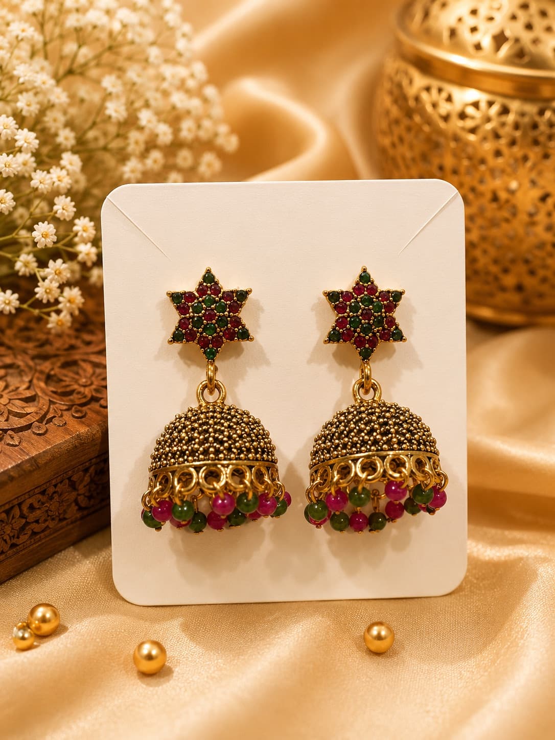 Antique Style Pink Beaded Jhumkas