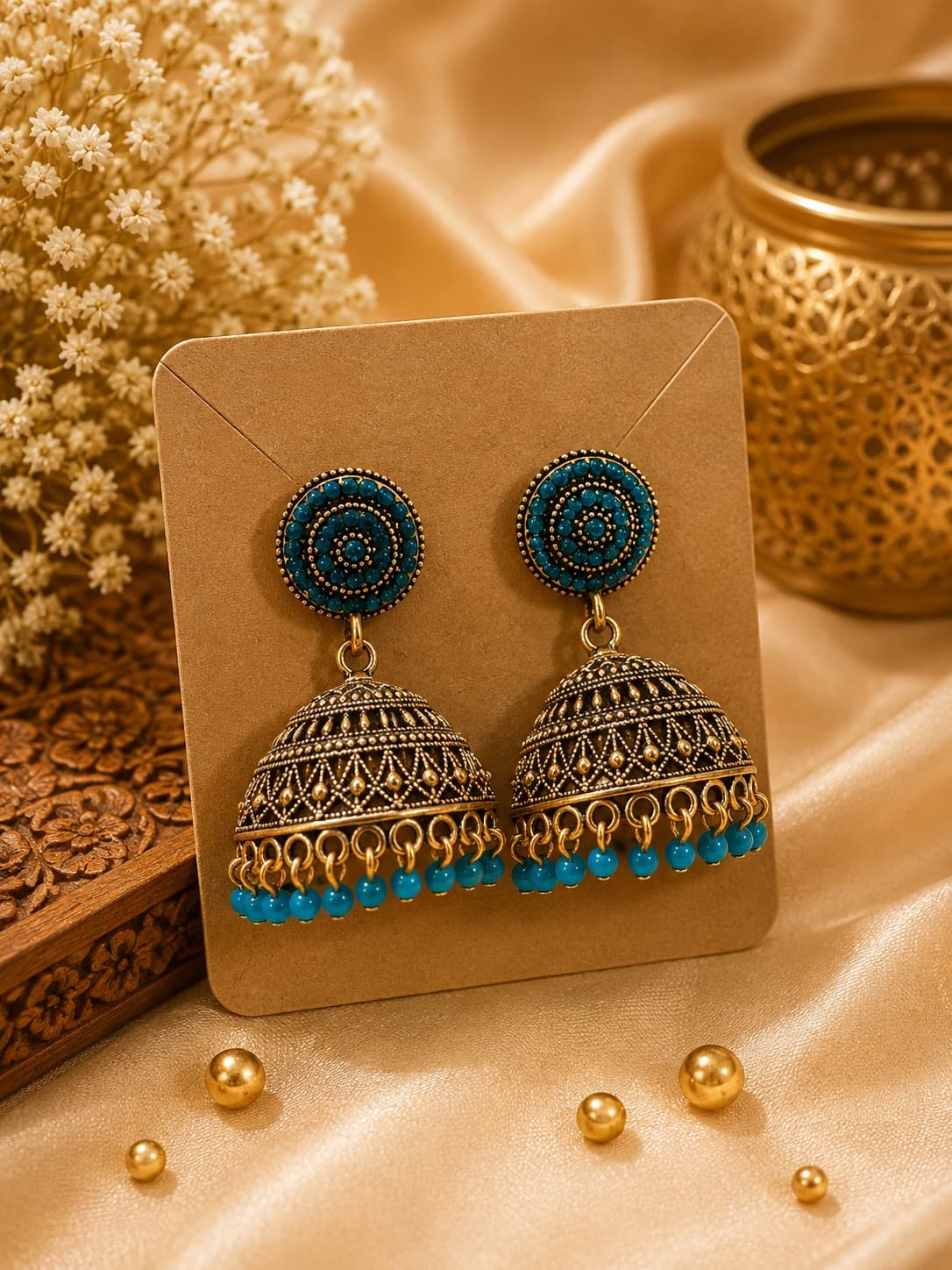 Antique Style Blue Beaded Jhumkas