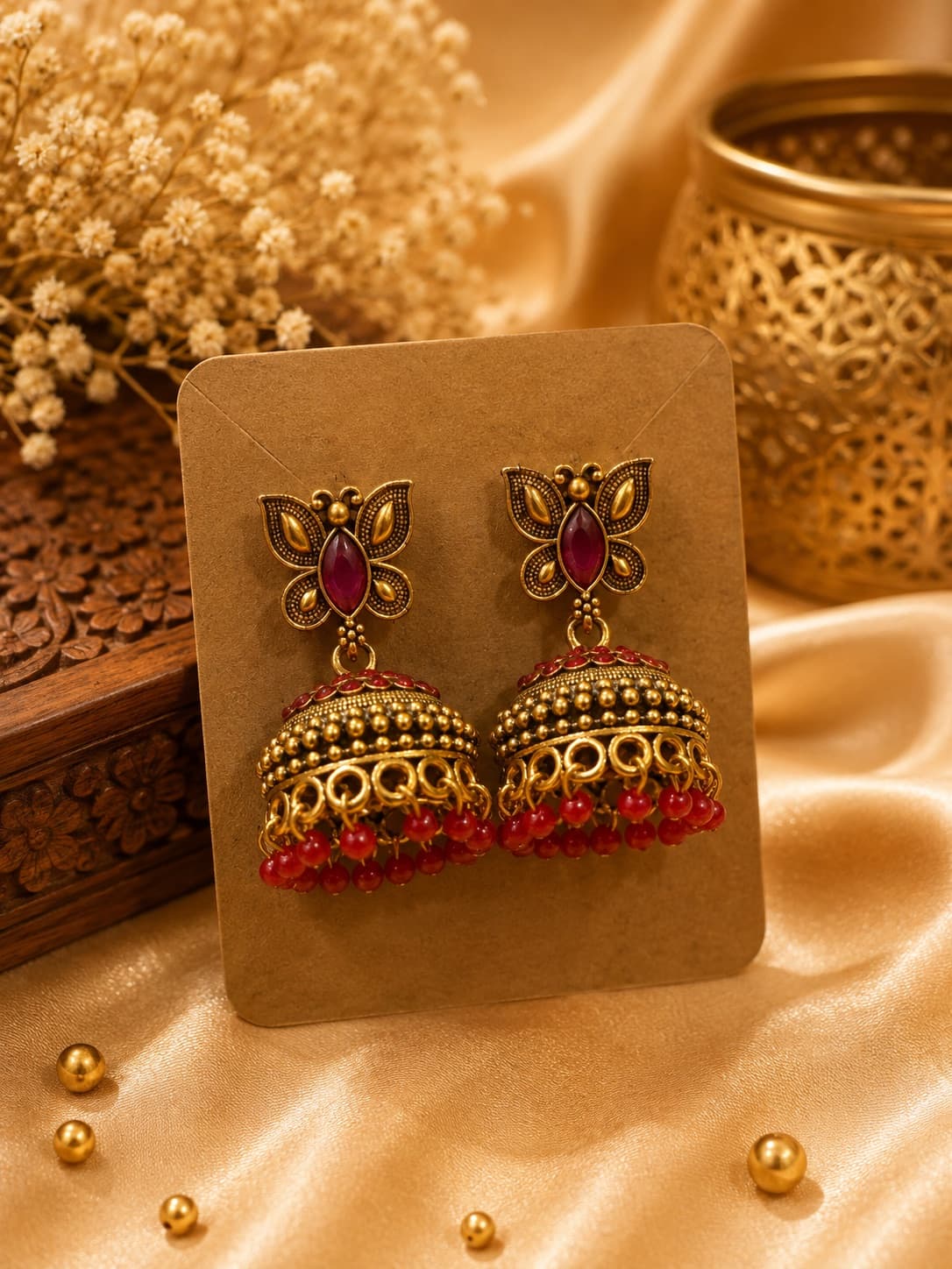 Antique Style Red Beaded Jhumkas
